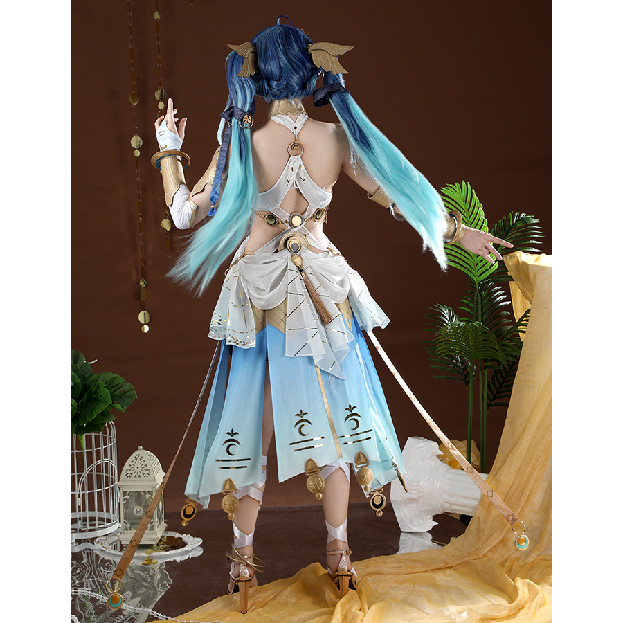 Wuthering Waves Yuno Cosplay Costume, the ribbon design on the back of the skirt was showcased.