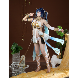 Wuthering Waves Yuno Cosplay Costume, blue and white outfit with gold decorations, left side view.