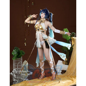 Wuthering Waves Yuno Cosplay Costume, blue and white outfit with gold decorations, left side view.