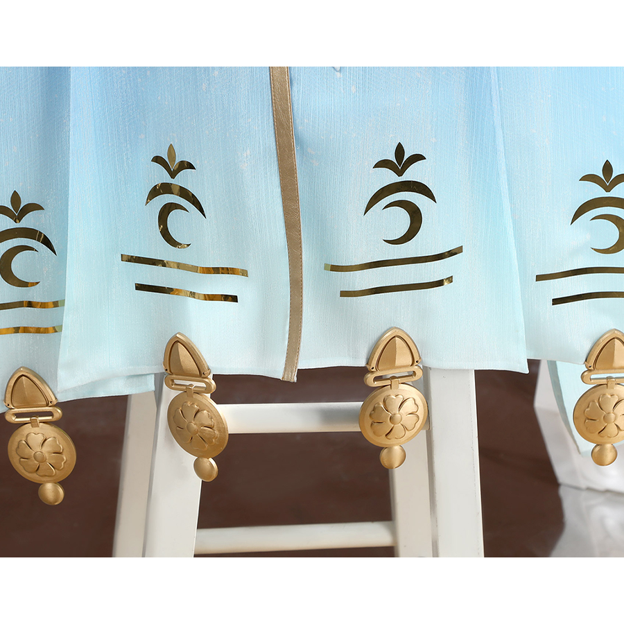 Wuthering Waves Yuno Cosplay Costume, ribbons are light blue with gold decorations.