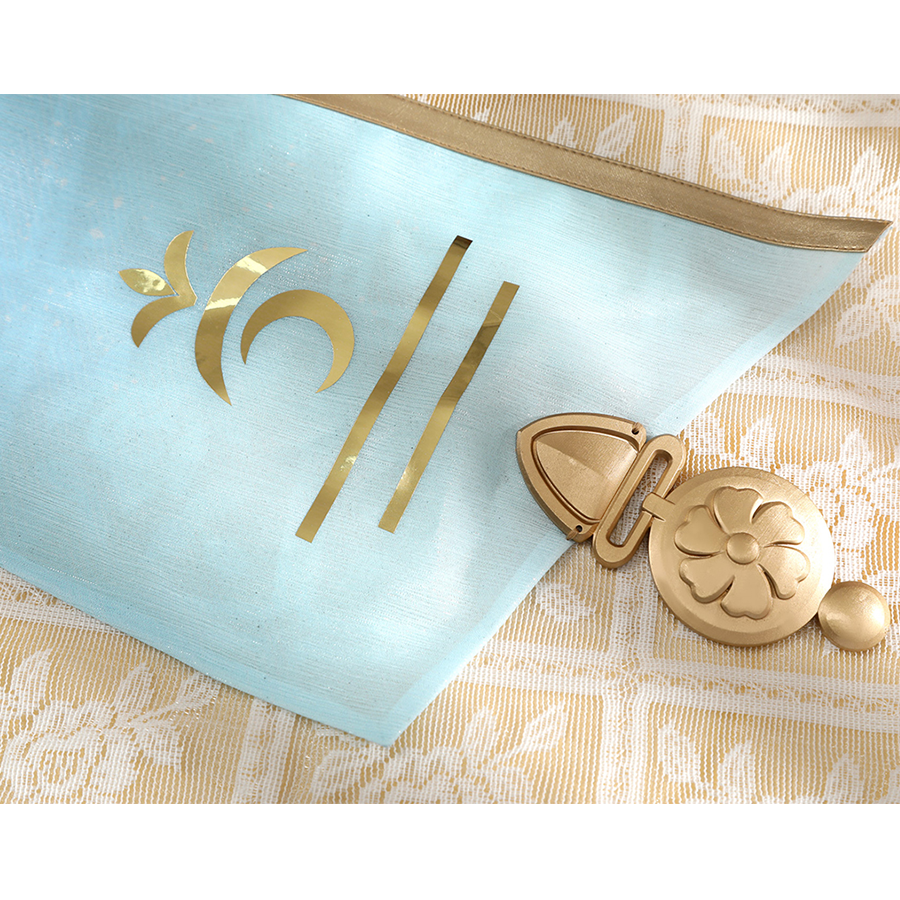 Wuthering Waves Yuno Cosplay Costume, ribbons are light blue with gold decorations.