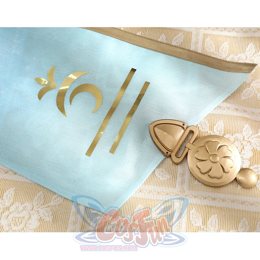 Wuthering Waves Yuno Cosplay Costume, ribbons are light blue with gold decorations.