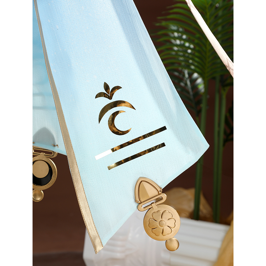 Wuthering Waves Yuno Cosplay Costume, ribbons are light blue with gold decorations.