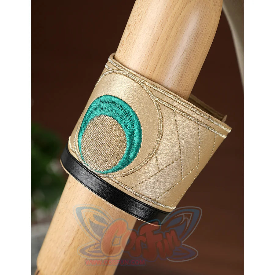 Wuthering Waves Yuno Cosplay Costume, gold PU leather leg ring with green and gold embroidery.