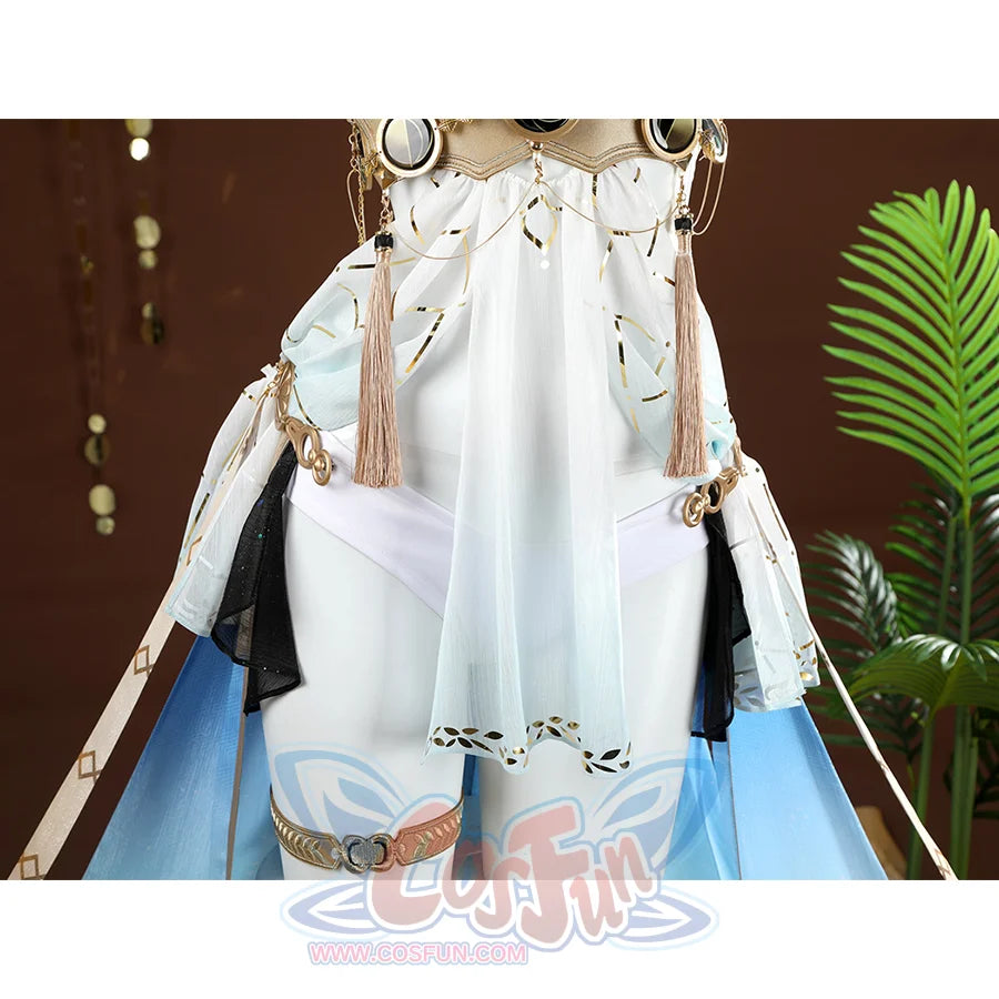 Wuthering Waves Yuno Cosplay Costume, the skirt consists of gradient blue-and-white fabric panels.