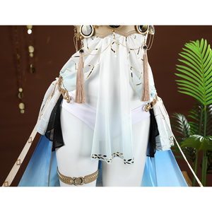 Wuthering Waves Yuno Cosplay Costume, the skirt consists of gradient blue-and-white fabric panels.