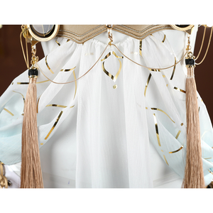 Wuthering Waves Yuno Cosplay Costume, the skirt consists of lightweight fabric with gold leaf decoration.