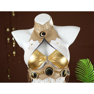 Wuthering Waves Yuno Cosplay Costume, white and gold top, there is a gold decoration in the center of the collar.