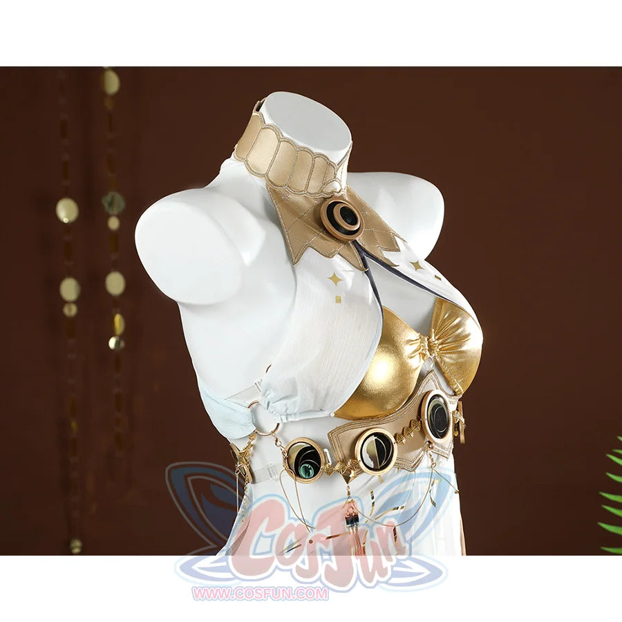 Wuthering Waves Yuno Cosplay Costume, top made from lightweight white fabric, side view.