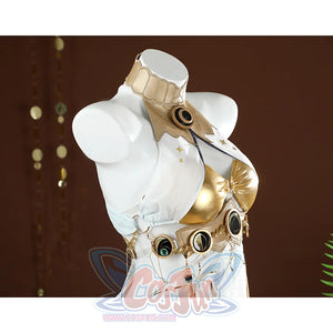 Wuthering Waves Yuno Cosplay Costume, top made from lightweight white fabric, side view.