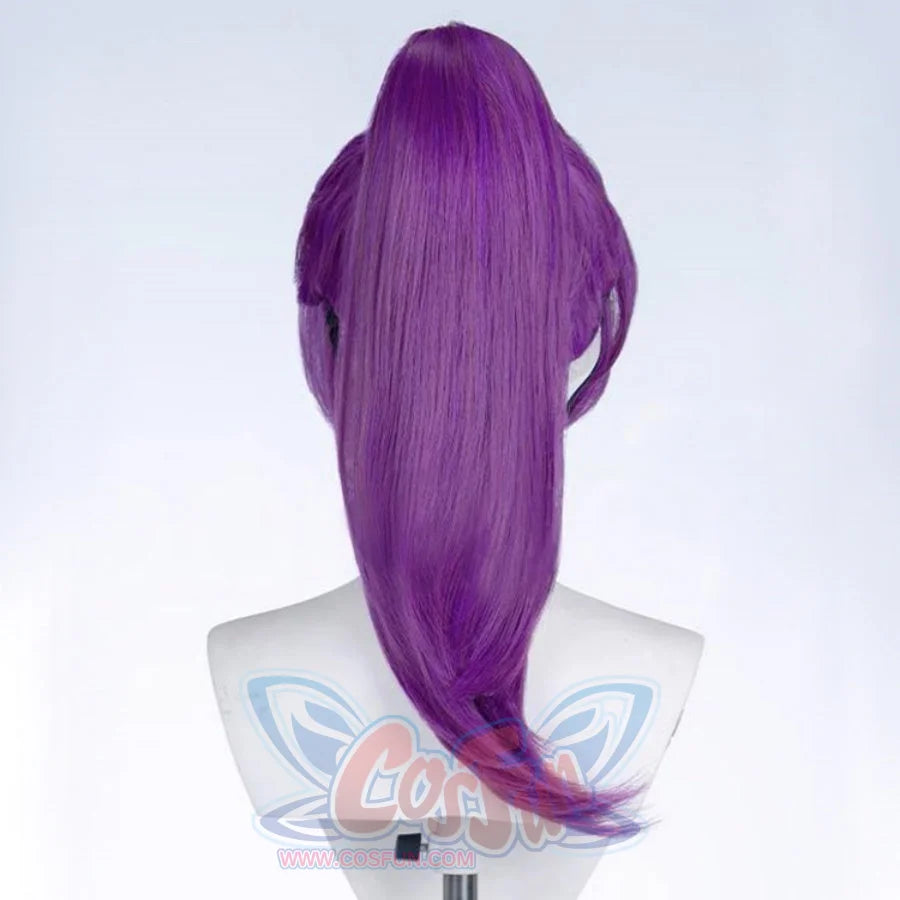 Back view of Psylocke cosplay wig. Displays the long, straight purple ponytail, smooth and thick