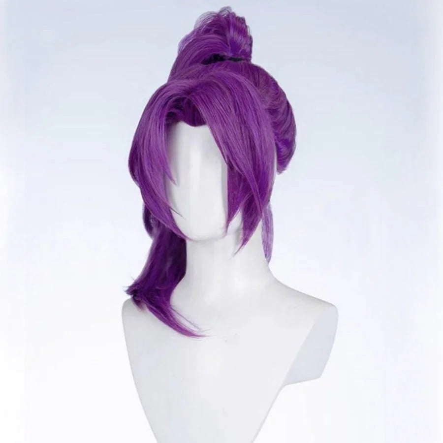 Front view of Psylocke cosplay wig. Vibrant purple, styled in a high - ponytail with face - framing strands, sleek texture for an authentic look.