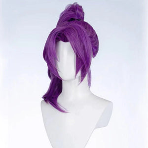 Front view of Psylocke cosplay wig. Vibrant purple, styled in a high - ponytail with face - framing strands, sleek texture for an authentic look.