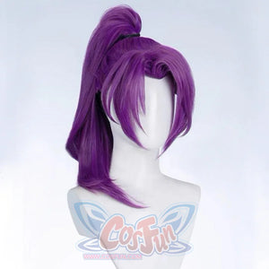 Side view of Psylocke cosplay wig. Shows the high ponytail structure, purple hair flows naturally