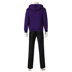 Back view of Xavier Thorpe’s purple hoodie from his casual cosplay look, paired with black pants, on a mannequin.