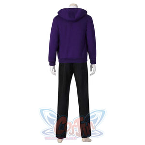 Back view of Xavier Thorpe’s purple hoodie from his casual cosplay look, paired with black pants, on a mannequin.