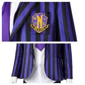 Dual view of Xavier Thorpe’s cosplay blazer: close - up of the emblem on the striped fabric, and the full blazer layered over a white shirt and purple tie.