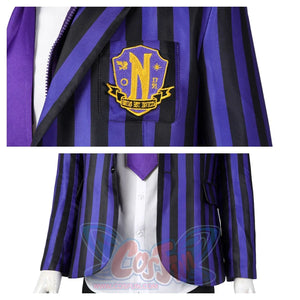 Dual view of Xavier Thorpe’s cosplay blazer: close - up of the emblem on the striped fabric, and the full blazer layered over a white shirt and purple tie.