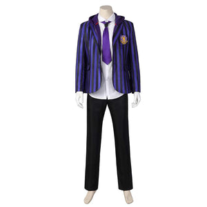 Full front display of Xavier Thorpe’s cosplay outfit: striped blazer with hood, white shirt, purple tie, and black pants, on a mannequin.