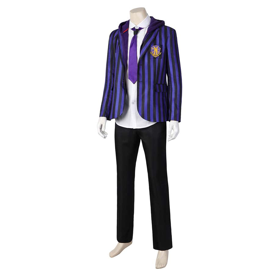 Full front display of Xavier Thorpe’s cosplay outfit: striped blazer with hood, white shirt, purple tie, and black pants, on a mannequin.