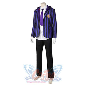 Another full front view of Xavier Thorpe’s cosplay attire, showcasing the striped blazer, hood, white shirt, purple tie, and black pants.
