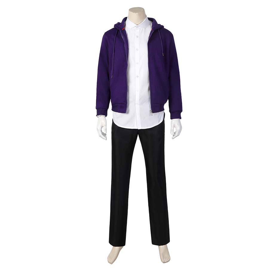 Full display of Xavier Thorpe’s casual cosplay ensemble: purple hoodie over a white shirt, paired with black pants, on a mannequin.