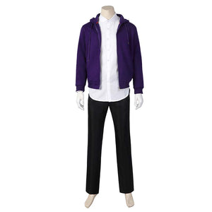 Full display of Xavier Thorpe’s casual cosplay ensemble: purple hoodie over a white shirt, paired with black pants, on a mannequin.
