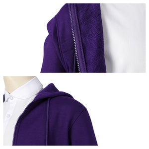 Close - up of the purple hoodie’s inner lining and zipper from Xavier Thorpe’s cosplay costume, layered over a white shirt.