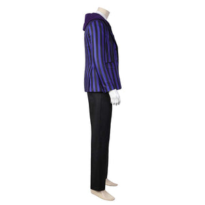 Side perspective of Xavier Thorpe’s cosplay suit, highlighting the striped blazer with hood, white shirt, and black pants, on a mannequin.