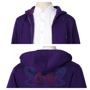 Dual close - up of Xavier Thorpe’s purple hoodie: front view showing the zipper and lining over a white shirt, and back view of the hood, on a mannequin.