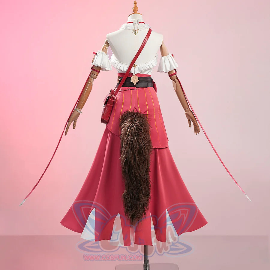 Zenless Zone Zero Ye Shunguang Touch of Dawnlight cosplay costume back view pairs white blouse with red layered skirt and.