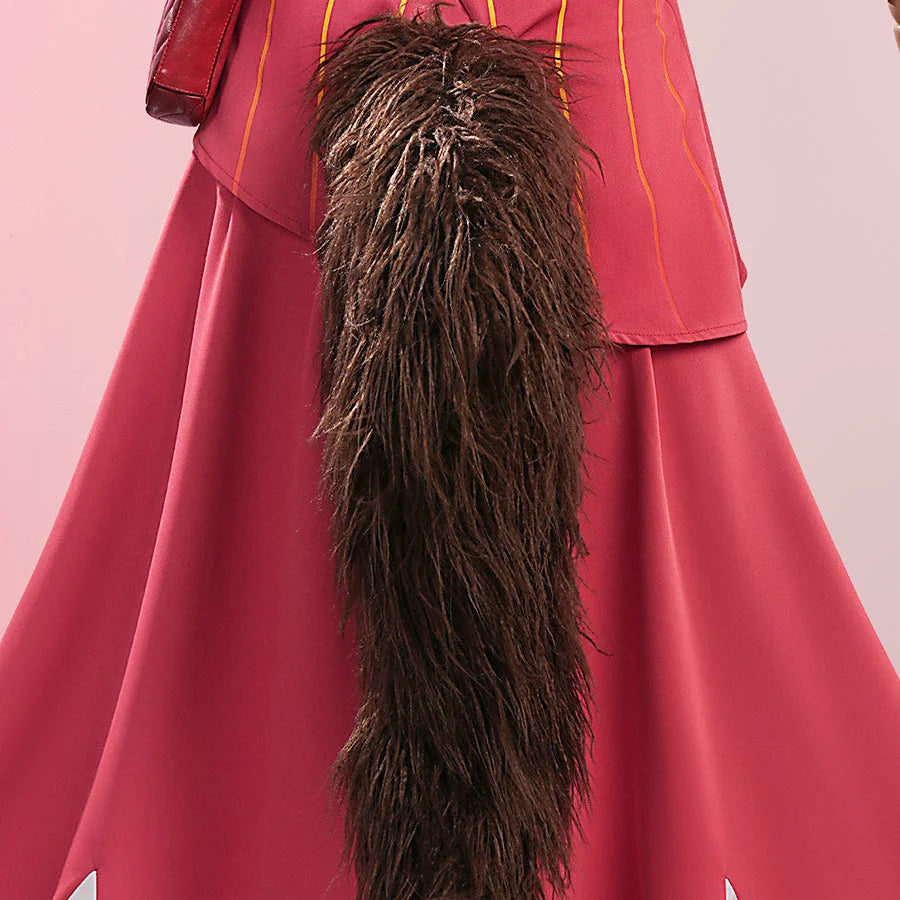 Ye Shunguang cosplay dark brown fluffy tail accessory displayed with red costume on pink background