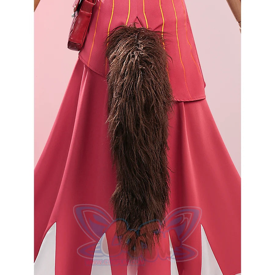 Zenless Zone Zero Ye Shunguang Touch of Dawnlight cosplay tail drops a long brown shaggy accessory beneath a dark pink.