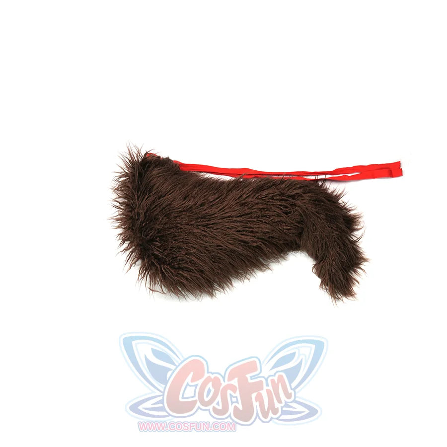 Ye Shunguang cosplay dark brown fluffy tail accessory displayed with red costume on pink background