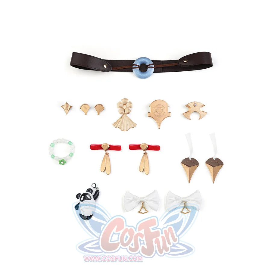 Zenless Zone Zero Ye Shunguang Touch of Dawnlight cosplay accessories gather gold ornamental pins, green beaded bracelet.