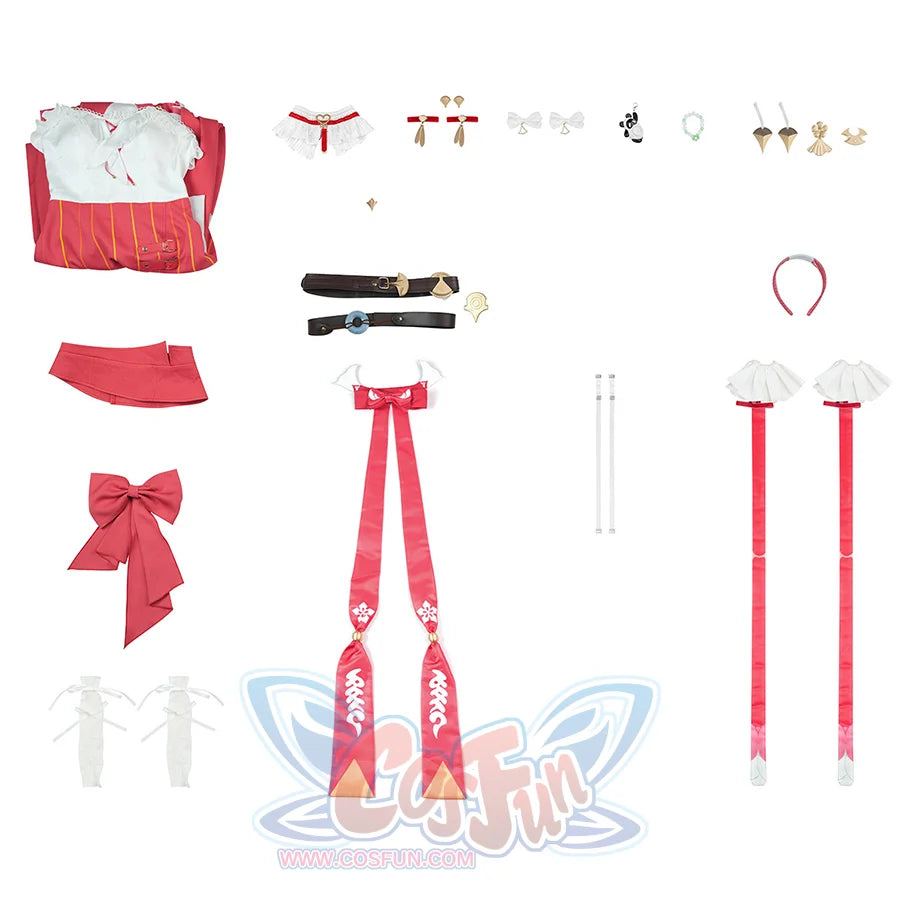 Zenless Zone Zero Ye Shunguang Touch of Dawnlight cosplay flat lay balances a white blouse and pleated pink-orange skirt.