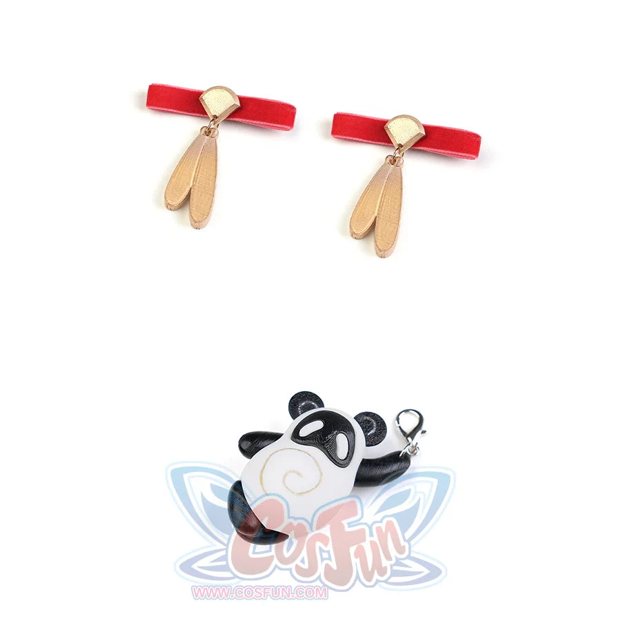 Zenless Zone Zero Ye Shunguang Touch of Dawnlight cosplay hair clips pair red velvet bars and hanging golden dangles.