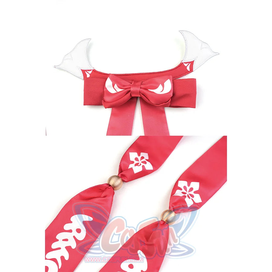Zenless Zone Zero Ye Shunguang Touch of Dawnlight cosplay obi bow anchors white wing-like panels above long red ribbons.