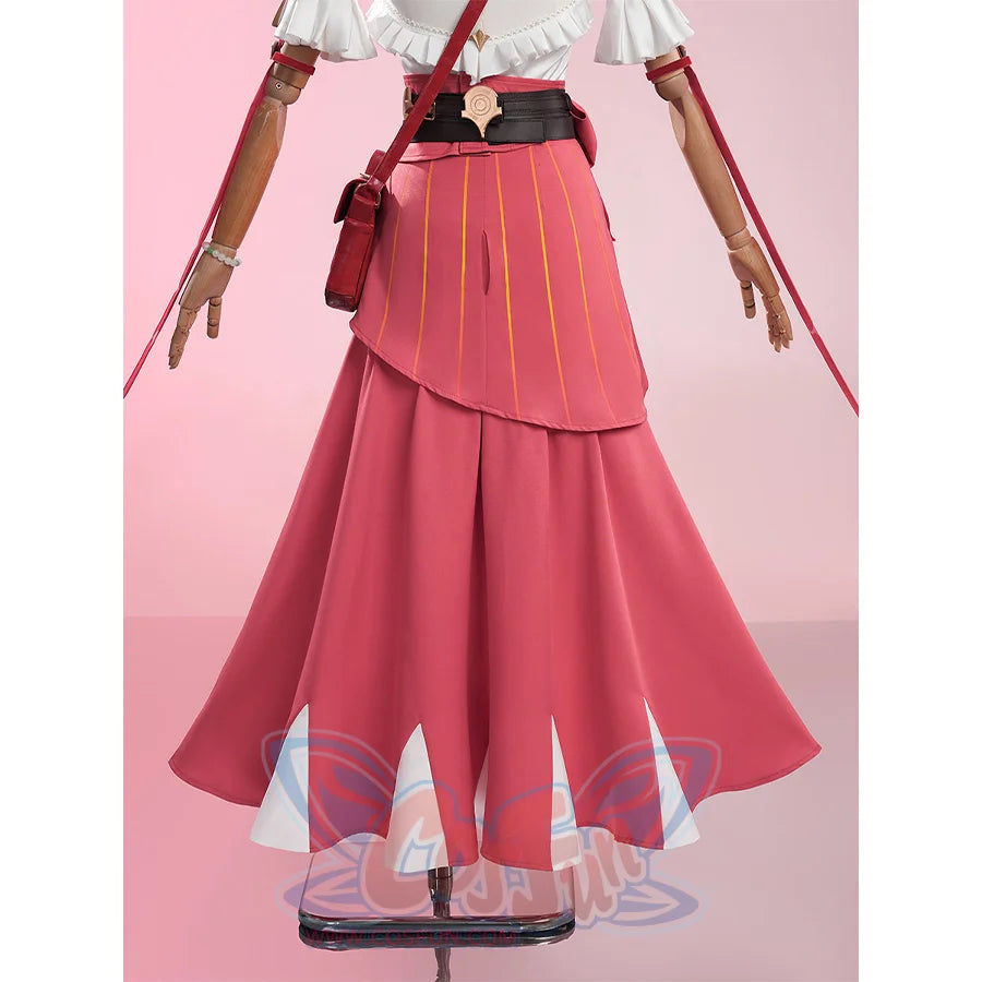 Zenless Zone Zero Ye Shunguang Touch of Dawnlight cosplay set balances a striped pink overskirt and small purse.