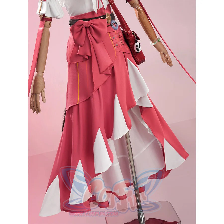 Zenless Zone Zero Ye Shunguang Touch of Dawnlight cosplay skirt drops coral-pink layers around white triangular panels.