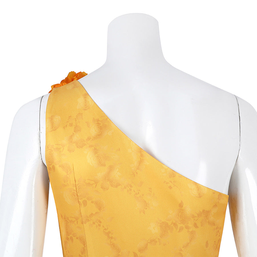 Judy yellow floral dress asymmetric one-shoulder top with flower accent detail