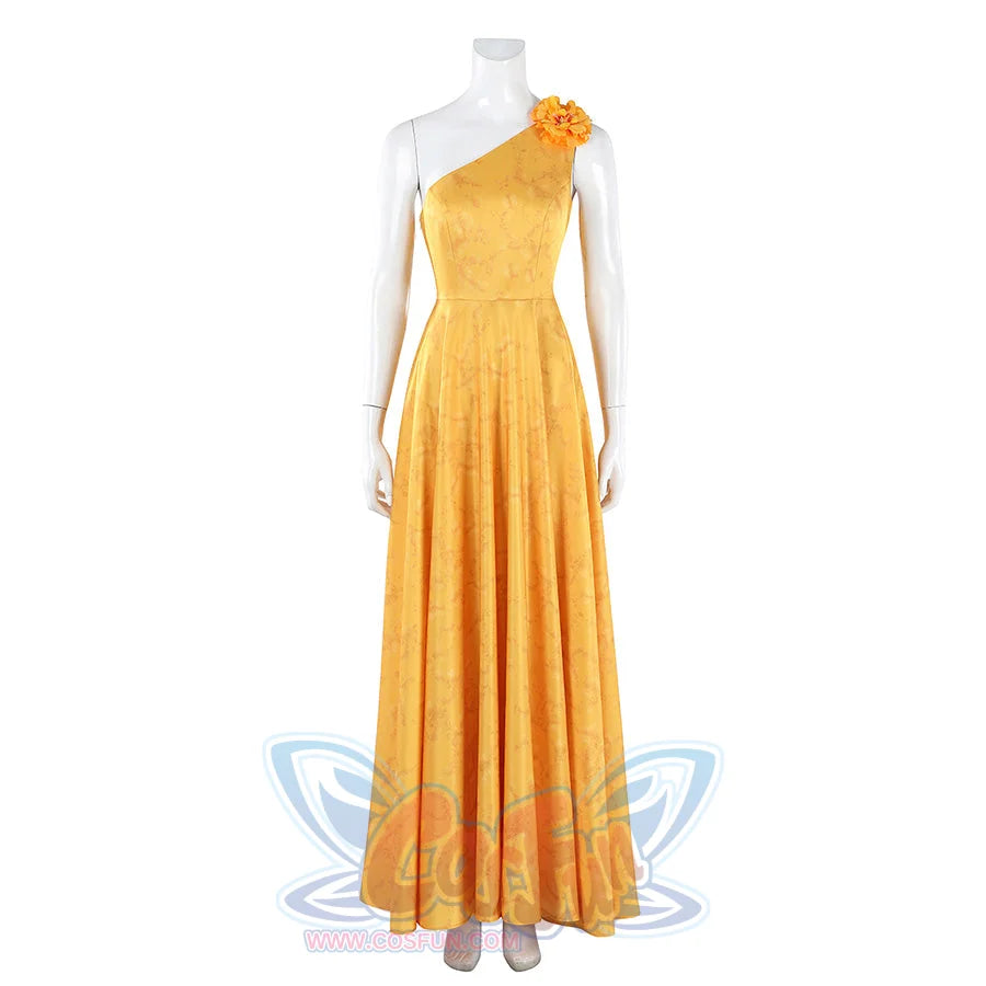 Judy yellow floral dress full front view with one-shoulder