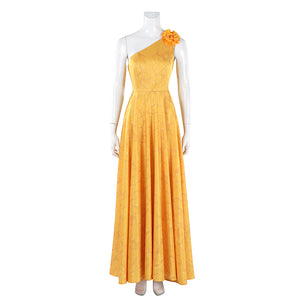 Judy yellow floral dress full front view with one-shoulder