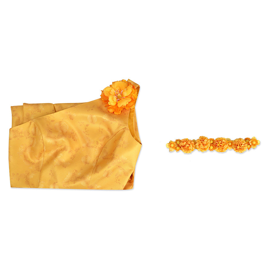 Judy yellow floral dress folded with shoulder flower and hairwear included