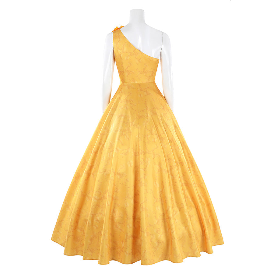 Judy yellow floral dress back view showing elegant pleated skirt and one-shoulder style