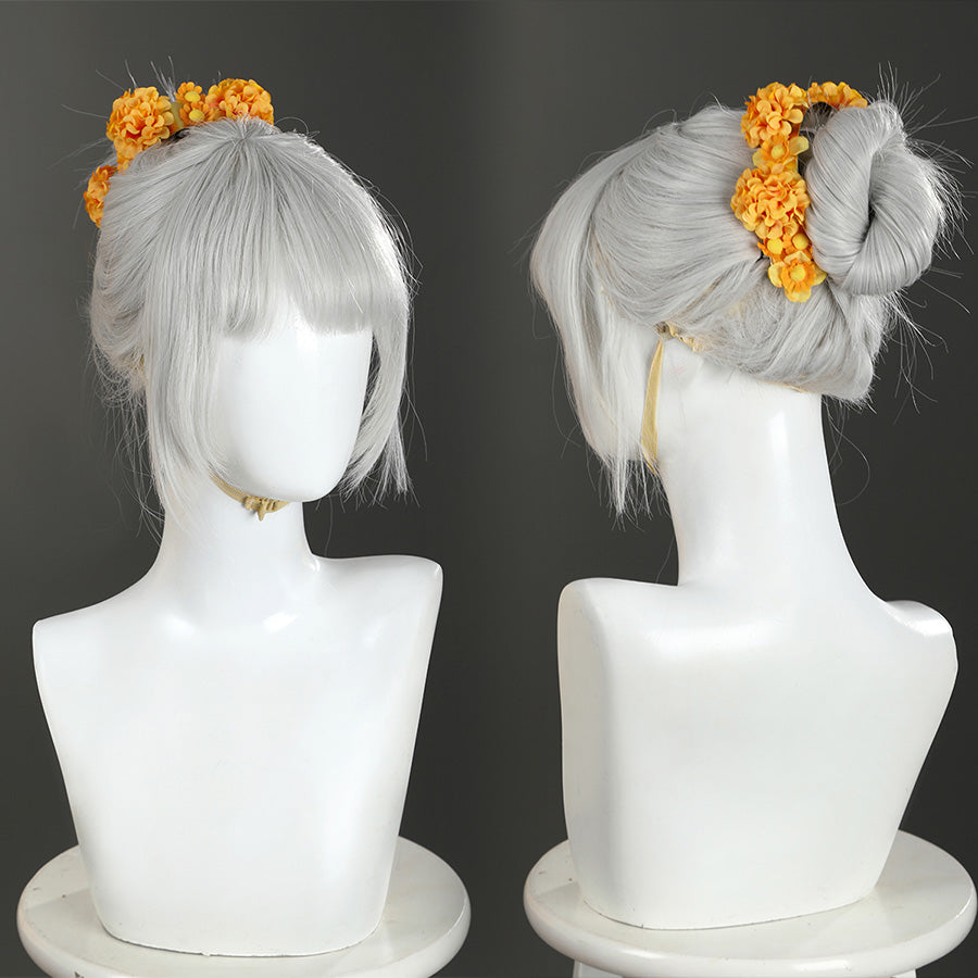 Judy yellow floral dress costume wig and flower hair accessory detail front and side view