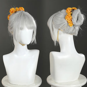 Judy yellow floral dress costume wig and flower hair accessory detail front and side view
