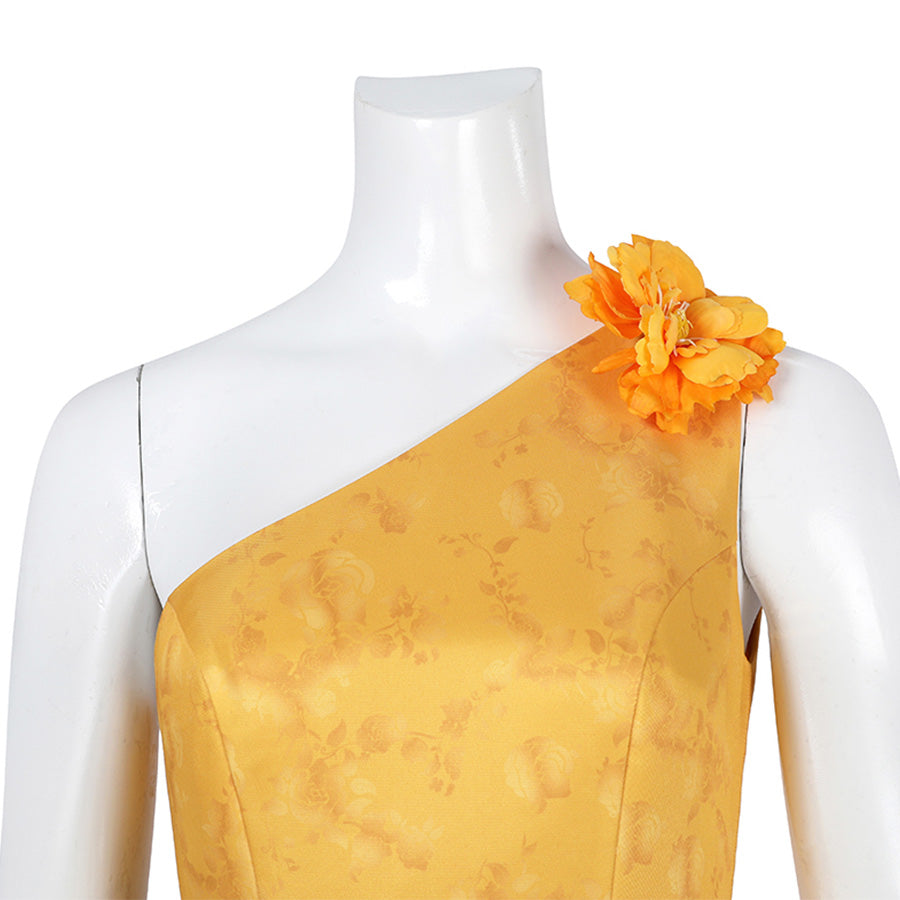 Judy yellow floral dress bodice close-up with one-shoulder strap and flower detail