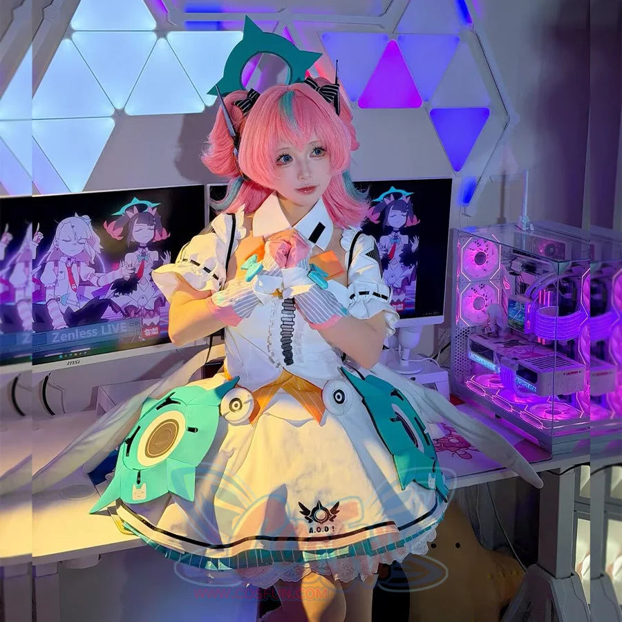 COSFUN Zenless Zone Zero Aria cosplay costume layers white ruffled dress over a teal graphic skirt with striped gloves.