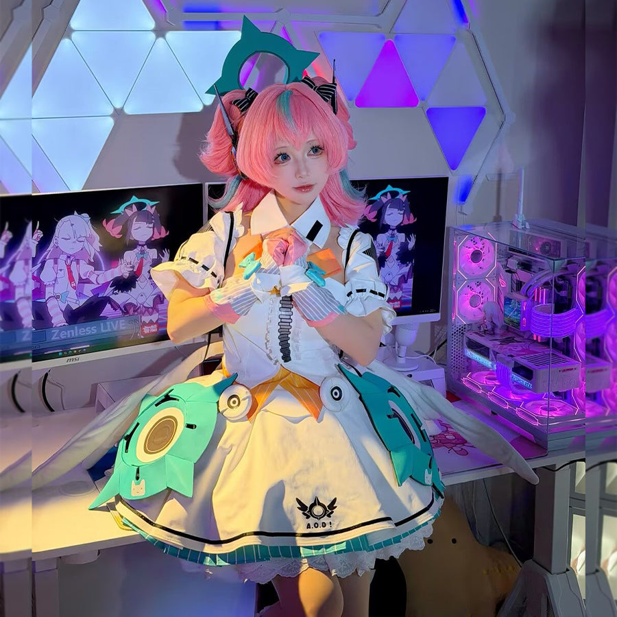 COSFUN Zenless Zone Zero Aria cosplay costume layers a white ruffled dress above teal skirt panels.